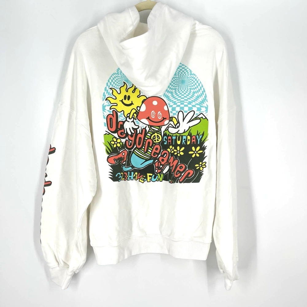 Daydreamer Flyer Hoodie Sweatshirt Women Small White Mushroom Graphic Oversized